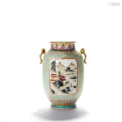 A Famille Rose Landscape Double-Eared Vase