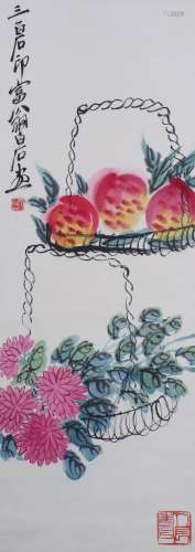 A Chinese Peaches And Flowers Painting Scroll, Qi Baishi Mar...