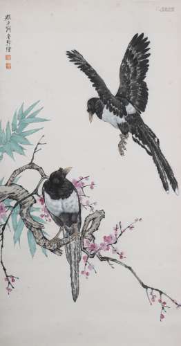 A Chinese Flowers And Birds Painting Scroll, Liu Kuiling Mar...