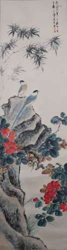 A Chinese Flowers And Birds Painting Scroll, Yan Bolong Mark