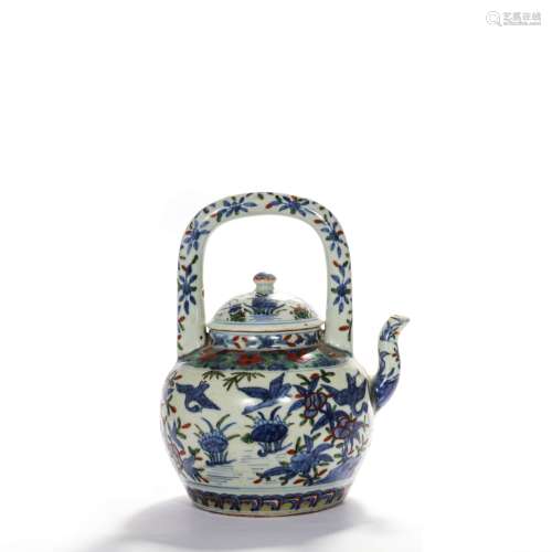 A Doucai Loop-Handled Birds And Flowers Teapot