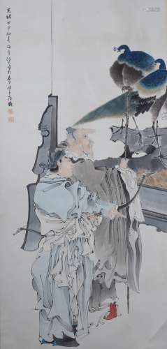 A Chinese Figural Painting Scroll, Ren Bonian Mark