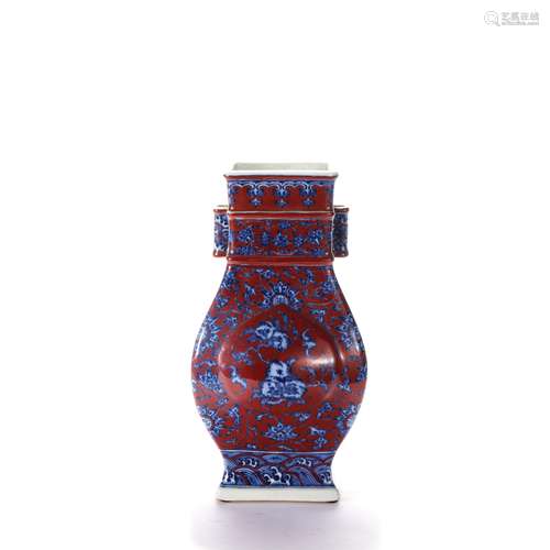 A Red Glaze And Underglaze Blue Floral Square Vase