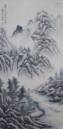 A Chinese Landscape Painting Scroll, Wang Yuanqi Mark