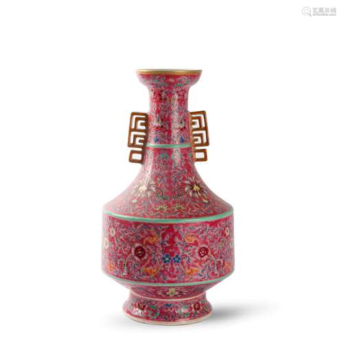 A Pink-Ground Famille Rose Flowers Double-Eared Vase