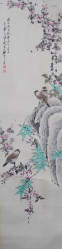 A Chinese Flowers And Birds Painting Scroll, Yan Bolong Mark