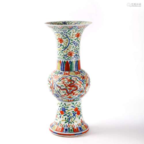 A Wucai Dragon And Flowers Beaker Vase