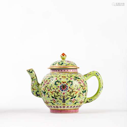 A Green-Ground Famille Rose Floral Teapot