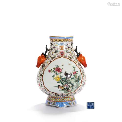 A Famille Rose Birds And Flowers Deer-Form-Eared Vase, Zun