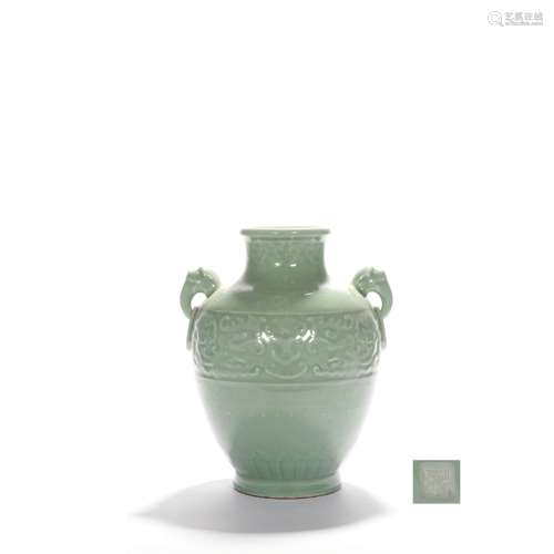 A Celadon-Glaze Incised Double-Eared Vase