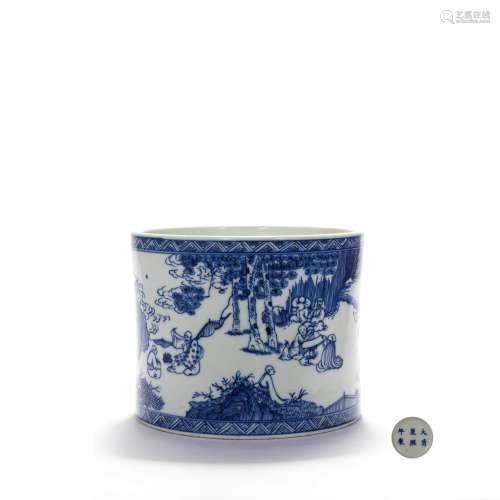 A Blue And White Figural Brush Pot