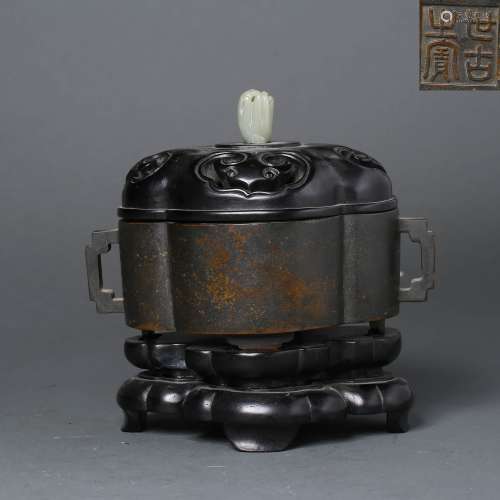 A Lobed Bronze Incense Burner With Jade Finial
