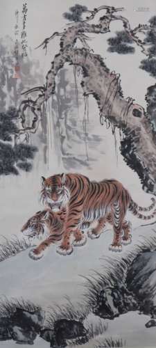 A Chinese Tigers Painting Scroll, Zhang Shanzi Mark