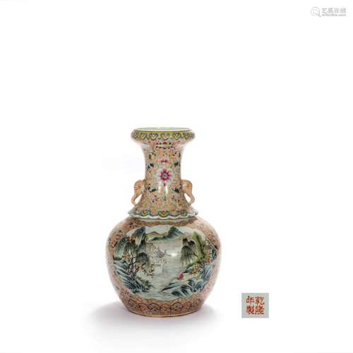 A Famille Rose Landscape And Figures Elephant-Form-Eared Vas...