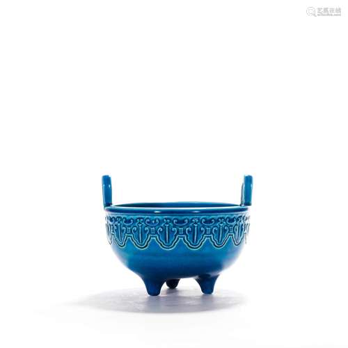 A Blue-Glazed Double-Eared Tripod Censer