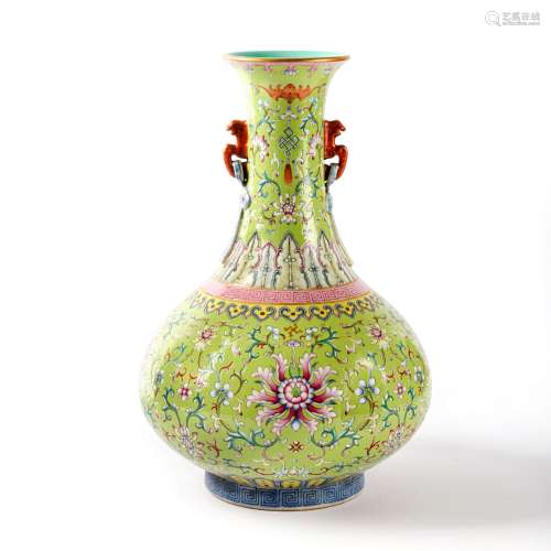A Green-Ground Famille Rose Double-Eared Floral Vase
