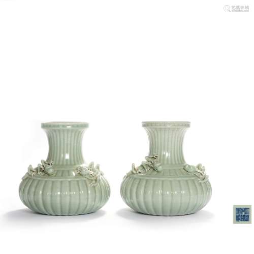 A Pair Of Celadon-Glazed Bucket-Form Dragon Vases