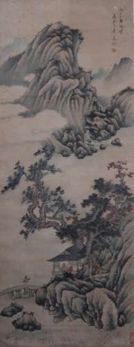 A Chinese Landscape And Figure Painting Scroll, Wen Jia Mark