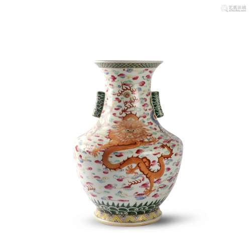 A Famille Rose Dragon Double-Eared Vase