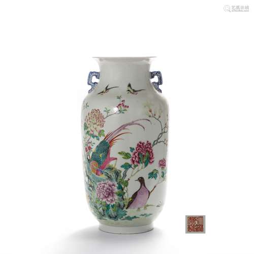 A Famille Rose Flowers And Birds Double-Eared Vase