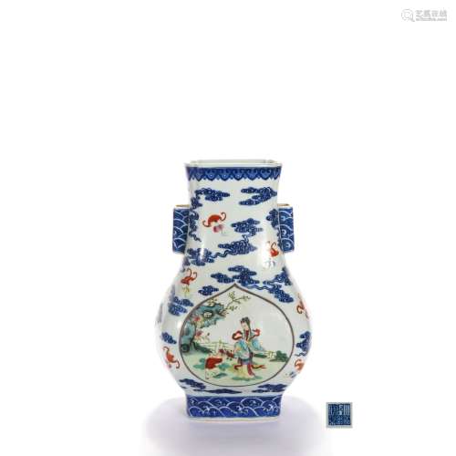 A Famille Rose And Underglaze-Blue Square Figural Vase
