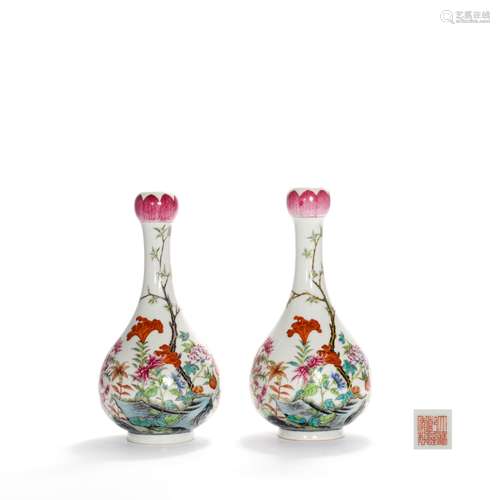 A Pair Of Famille Rose Floral Lotus-Form-Mouth Vases