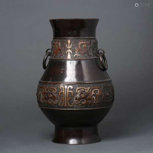 A Silver And Gold Taotie Pattern Double-Eared Vase, Zun