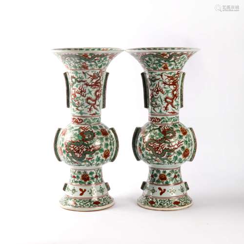A Pair Of Green And Red Glazed Beaker Vases