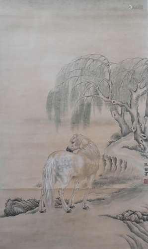 A Chinese Horse Painting Scroll, Ma Jin Mark