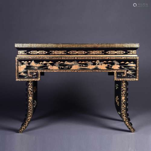 A Gilt Dark Lacquerware Landscape Trestle-Leg Table