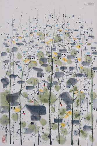 A Chinese Pavilion Scenery Painting Scroll, Wu Guanzhong Mar...