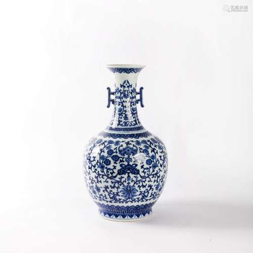 A Blue And White Floral Double-Eared Vase