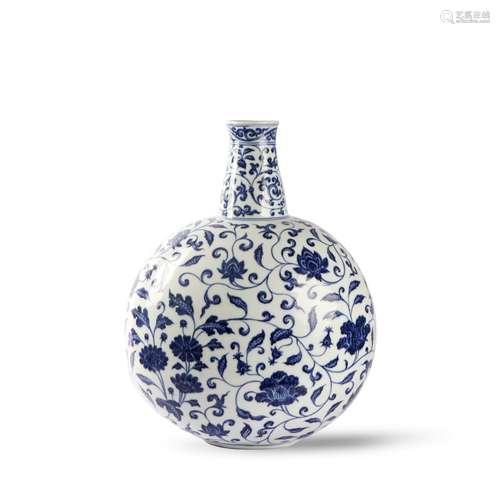 A Blue And White Floral Moonflask