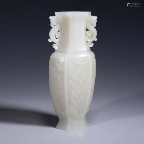 A Hetian Jade Double-Eared Hexagonal Vase