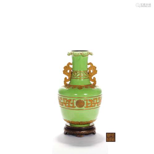 A Green Glaze Incised Double-Eared Vase