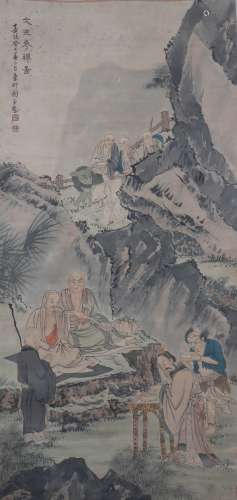 A Chinese Figural Painting Scroll, Zhou Chen Mark