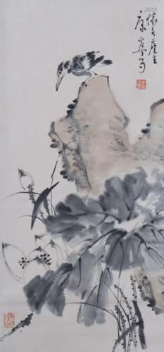 A Chinese Flowers And Birds Painting Scroll, Kang Ning Mark