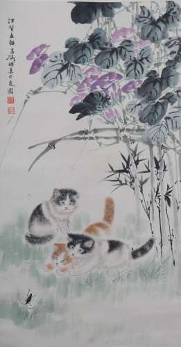 A Chinese Cats Painting Scroll, Wang Xuetao Mark
