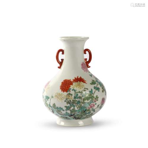 A Famille Rose Double-Eared Floral Vase