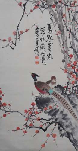 A Chinese Flowers And Birds Painting Scroll, Guan Shanyue Ma...