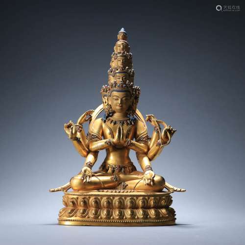 A Gilt Bronze Statue Of Ten-Faced And Eight-Armed Avalokites...