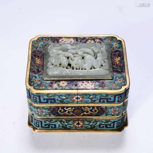 A Bronze Cloisonne Enamel And Jade Inlaid Square Box And Cov...