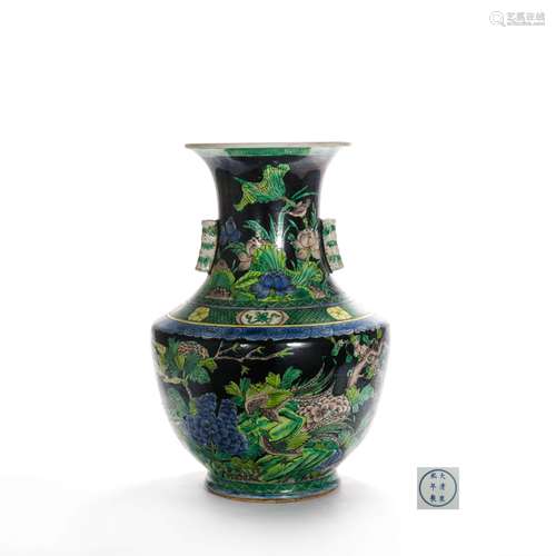 A Black-Ground Gucai Flowers And Birds Double-Eared Vase, Zu...