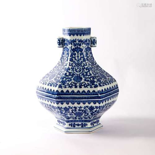 A Blue And White Double-Eared Hexagonal Vase