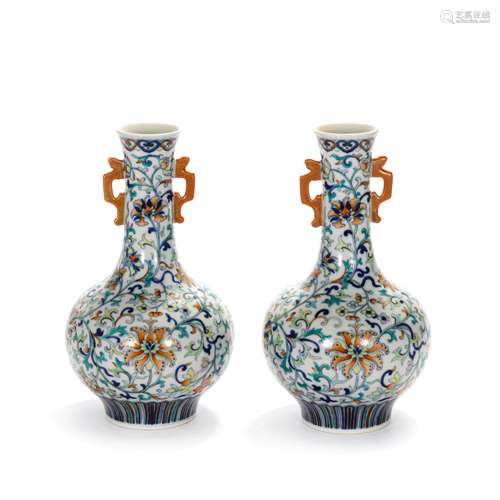 A Pair Of Doucai Floral Double-Eared Globular Vases