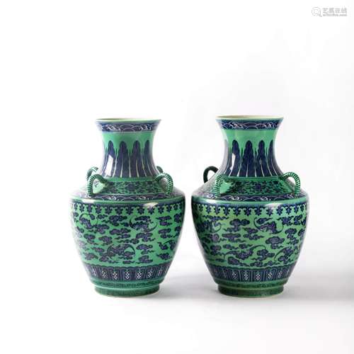 A Pair Of Green-Ground And Underglaze-Blue Bats Vases