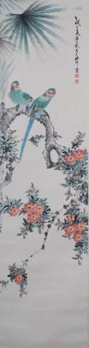 A Chinese Flowers And Birds Painting Scroll, Yan Bolong Mark