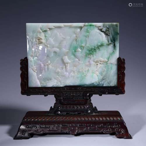 A Carved Jadeite Landscape And Figural Table Screen