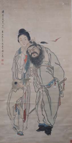 A Chinese Figural Painting Scroll, Pan Gongshou Mark