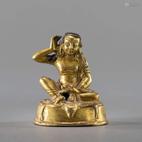 Kleine feuervergoldete Bronze des Milarepa